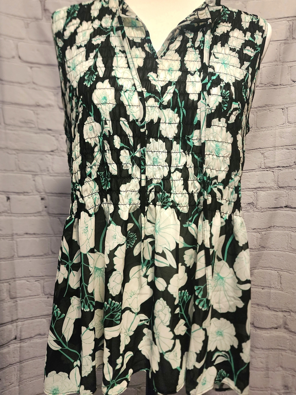 Rose & Olive Black Floral Smocked Tunic with Mint Accents
